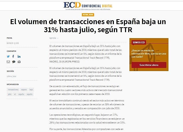 El volumen de transacciones en Espaa baja un 31% hasta julio, segn TTR